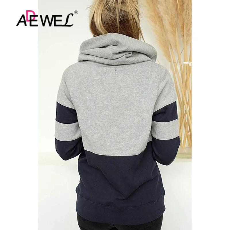 ADEWEL Red Blue Color Block Long Sleeve Crewneck Pullover Hoodie Sweatshirts Autumn Winter Long Sleeve Hoody Women Hoodies