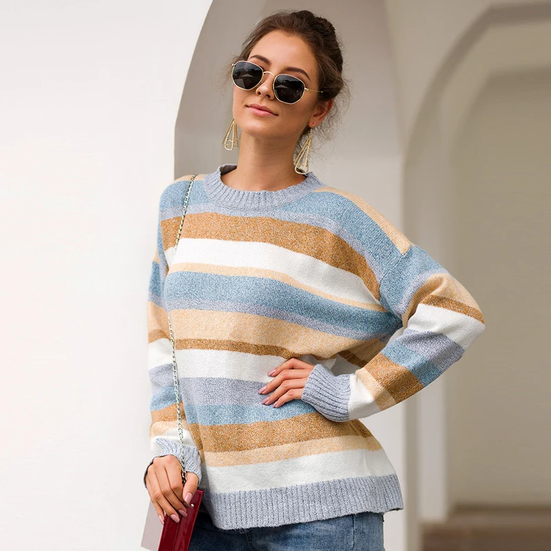 Женский свитер в радужную цветную полоску с круглым вырезом и длинными рукавами, ребристый Повседневный уличная осенний вязаный пуловер