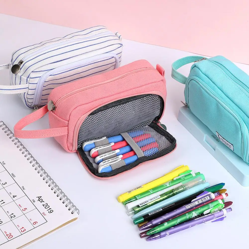 

Simple and advanced hand-carried super large capacity double-layer thick cotton linen canvas pencil case school students solid c