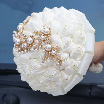 

WifeLai-A Wedding Bouquets With Pearl Beaded Romantic Ivory Ribbon Rose Bride's Bouquet Bridesmaid Flower Bouquet De Noiva W706