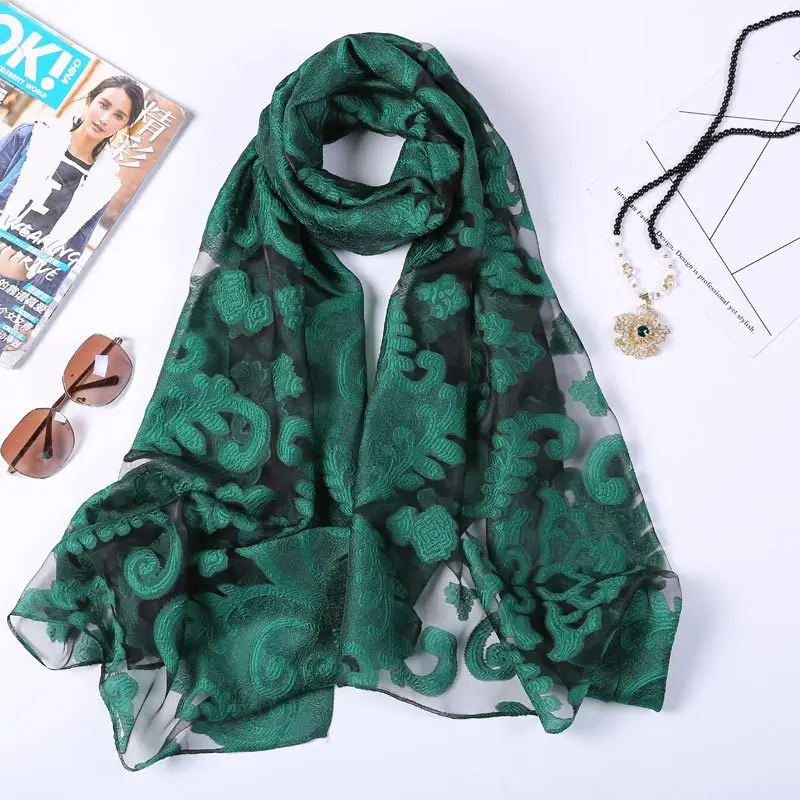 Hot Selling 180*70 Organza Silk Embroidery Floral Scarves Women