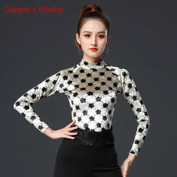 

Latin Dance Clothes New Female Adult Sexy Top Long Sleeve Ballroom Dance Competition Practice Clothing Velvet Shirt