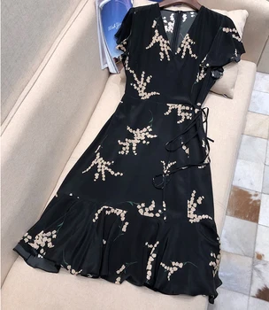 

Summer Print Long Dress Brand Design V-Neck Women Clothing New Fashion Silk Female Dress Black