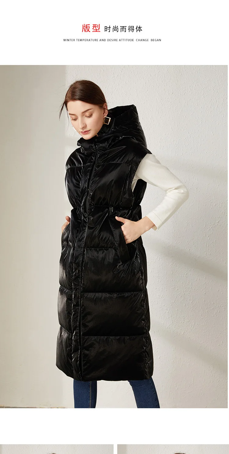 Винтажный женский зимний жилет, новинка, женский жилет без рукавов на утином пуху, куртка с капюшоном, теплый длинный уплотненный теплый жилет, пальто