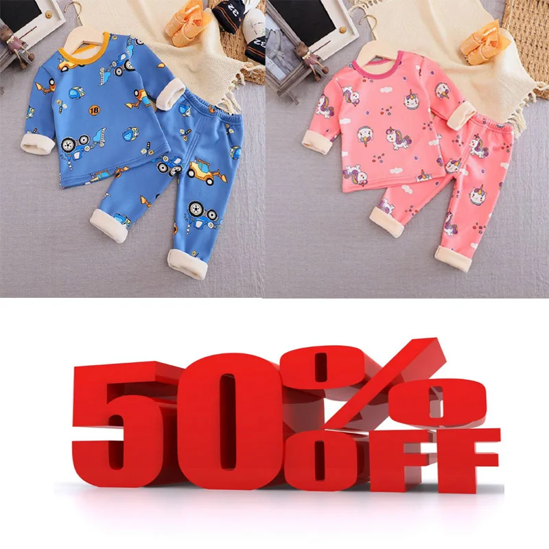 Kids Pajamas Sets Baby Boys Girls Velvet Warm Long Sleeved Tshirt+Pant Cartoon Clothing Autumn Sleepwear Suit Pyjama suit