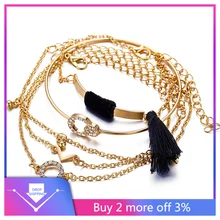 Подарок вечерние женский ювелирный браслет, индивидуальный черный металлический браслет с бахромой, простой набор из 5 предметов, Набор браслетов, кубинская ссылка#401101