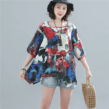 

Splash-Ink Printed Crew Neck Large Size T-shirt Short Sleeve Slimming Irregular Tops Women's