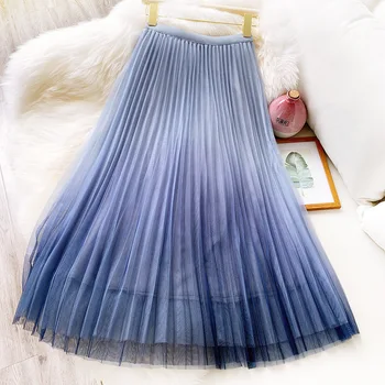 

Gradient Women's Mesh Skirt 2020 New Spring Summer Long Pleated Skirt Slim Fairy A-Line Midi Skirts for Women Jupe Femme