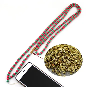 

CUSTOM MADE Golden 26 Letters Handmade Wood beads long chain charm Bohemia necklace for phone hanger ID Card Jewelry Dropship