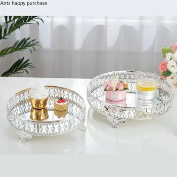 

European Mirror Crystal Tray Round Metal Fruit Bowl Dessert Table Decoration Cake Display Stand Cosmetic Jewelry Storage Tray