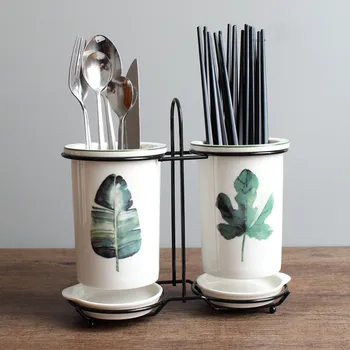 

Nordic Green Plants Ceramic Knife and Fork Storage Rack Kitchen Porous Drainage Chopsticks Tube Holder Tableware Kitchen storag