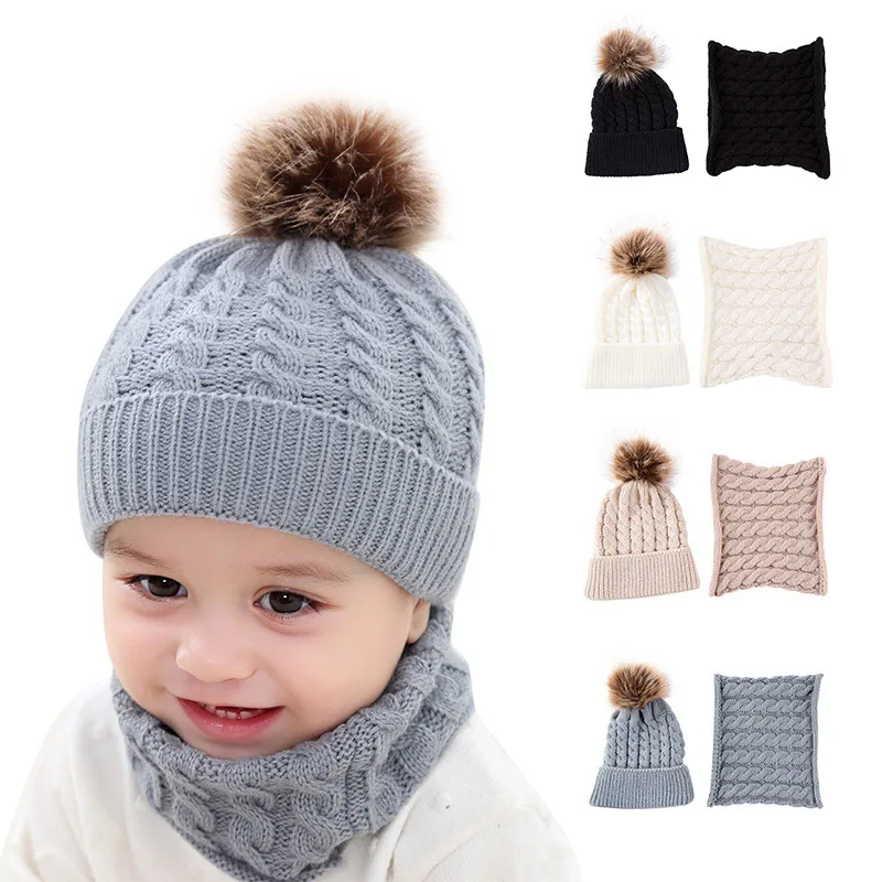 

Knitted Baby Hat For Girls Boys Winter Warm Baby Accessories Set Beanie Caps+Scarfs Baby Cap 2 pcs Suits
