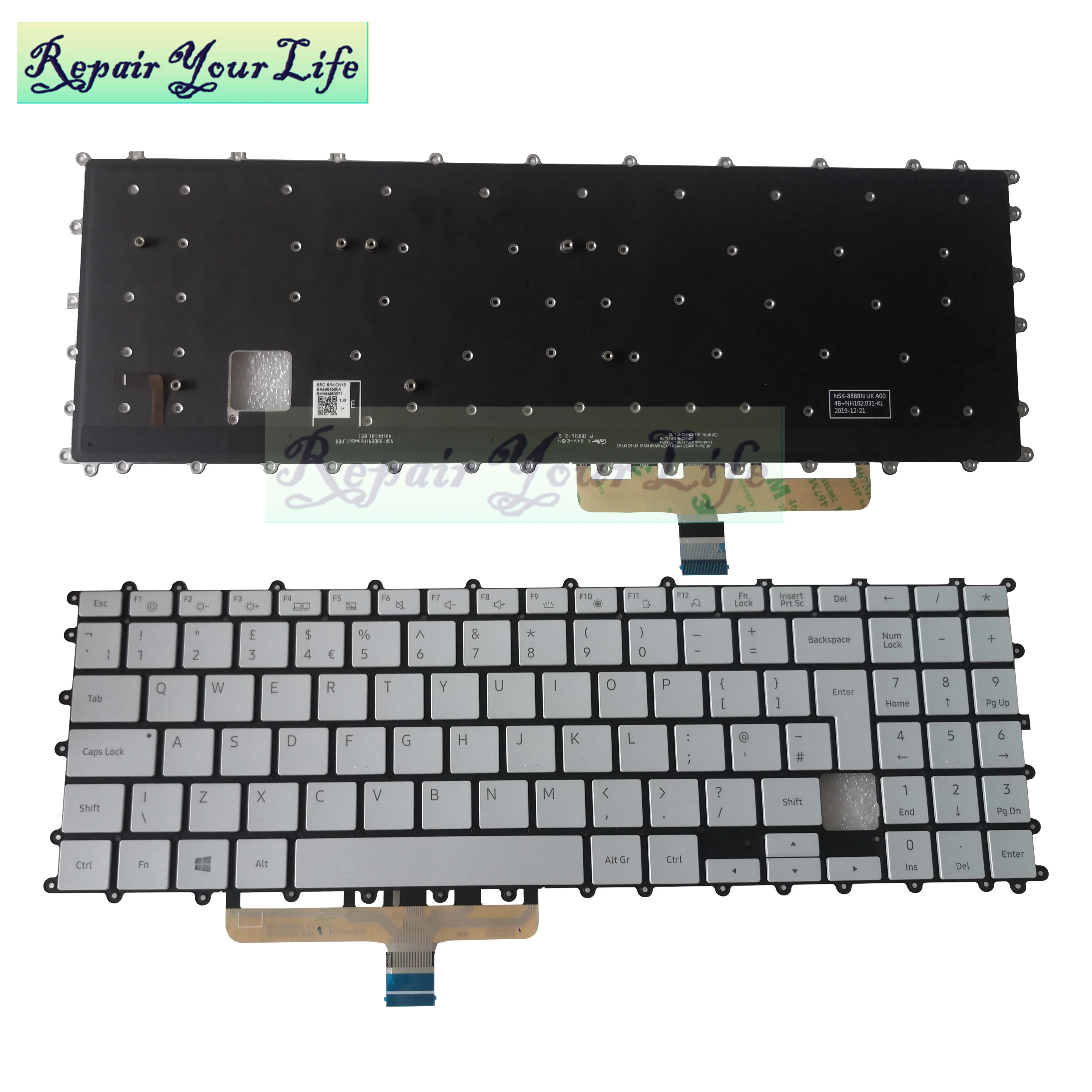 Teclado Backlight para Samsung Galaxy Book Flex British Korean Silver Keycaps Reino Unido kr Np950xcj-x01 15.6 gb Substituição
