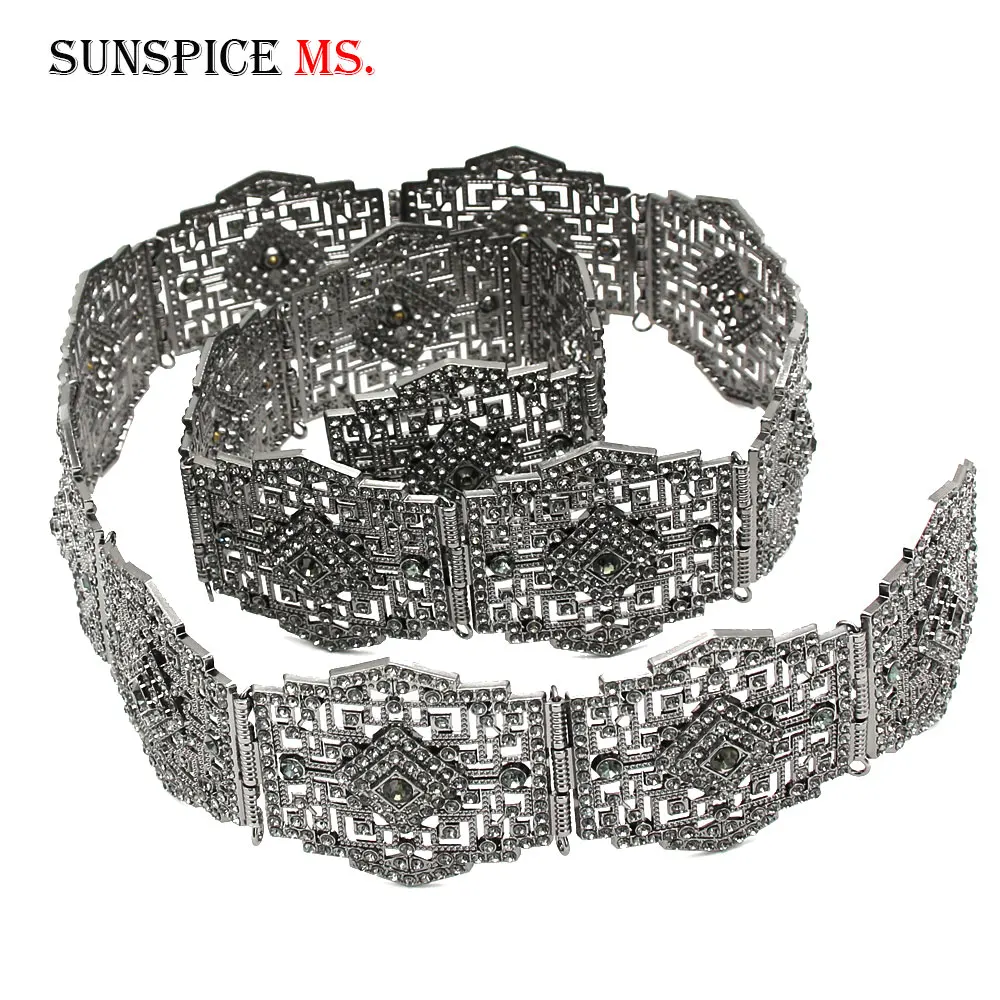BT542gray SUNSPICE-MS, Европейский металлический пояс, полностью Серый Кристалл для женщин, марокканский этнический абайя кафтан, цепочка на талию, ювелирные изделия для живота, регулируемая длина - Окраска металла: BT542gray