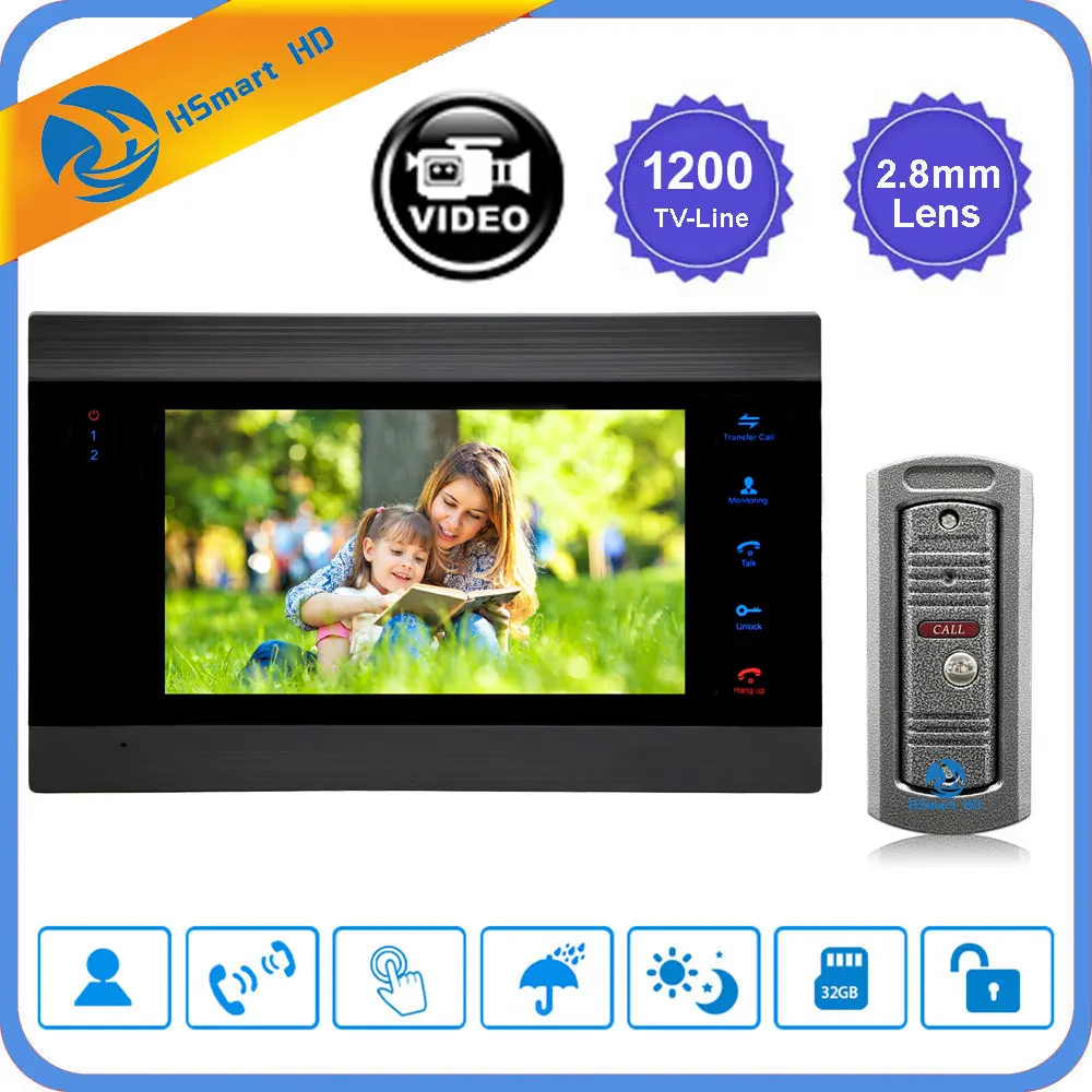 

Home Intercom Video Door Phone 7 inch Monitor 1200TVL Doorbell Camera with 32G Memory Card Video Intercom Kit