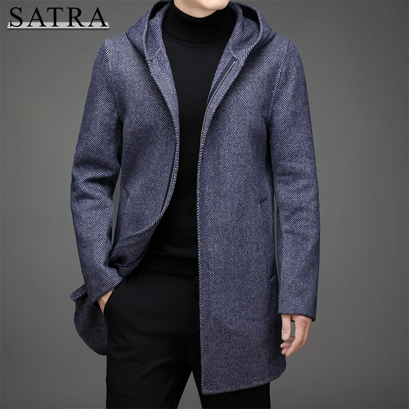 

SATRA 2021 New Arrival winter High Quality Two Sides Wool Business Casual jackets Outwear Coat Men,Men's Hooded Warm Long Coat