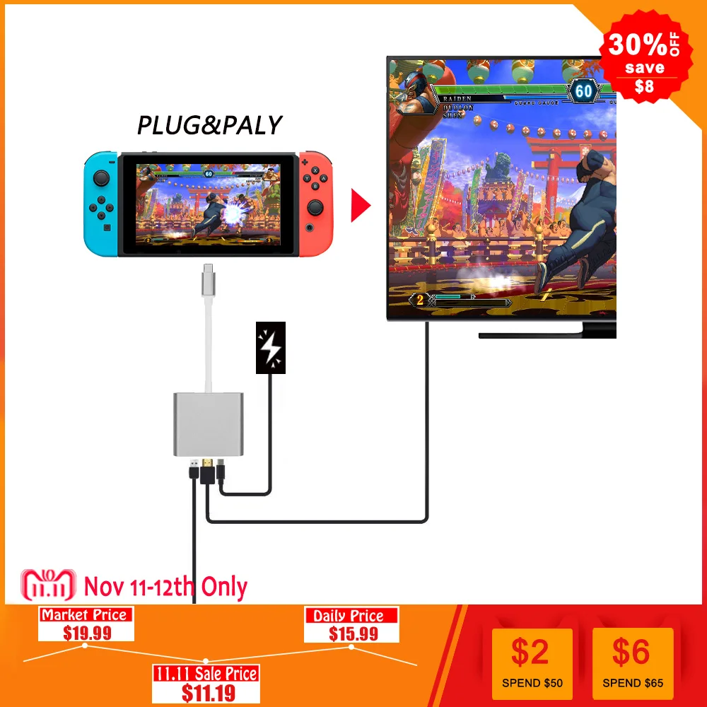 

1080P HDMI Type C Adapter For Nintend Switch Charging Portable Dock For Switch NS USB 3.0 to HDMI Video Converter