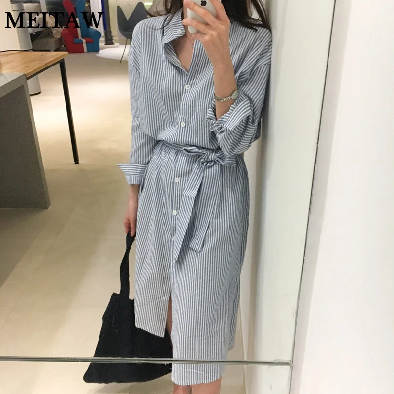 

2019 Spring Autumn Women Shirt Dresses Casual Long Sleeve Striped Single Breasted Dresses Korean Ladies Elegant Office Dress