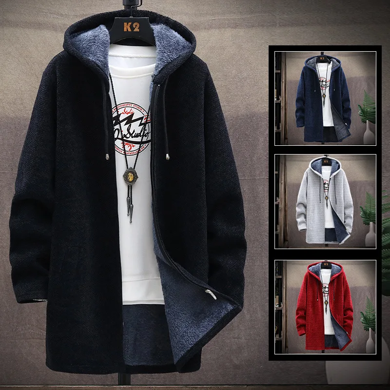 

Mens Winter Warm Fleece Lined Hoodie Solid Long Jacket Autumn Zip Up Daily Chic Blends Hooded Thick Outerwear Coat