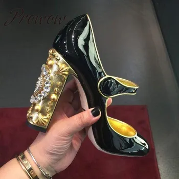 

Prowow New Silver Black Patent Leather Buckle Strap HIgh HeelsCrystal Jewel Beading Summer Mary Jane Pumps Shoes Women