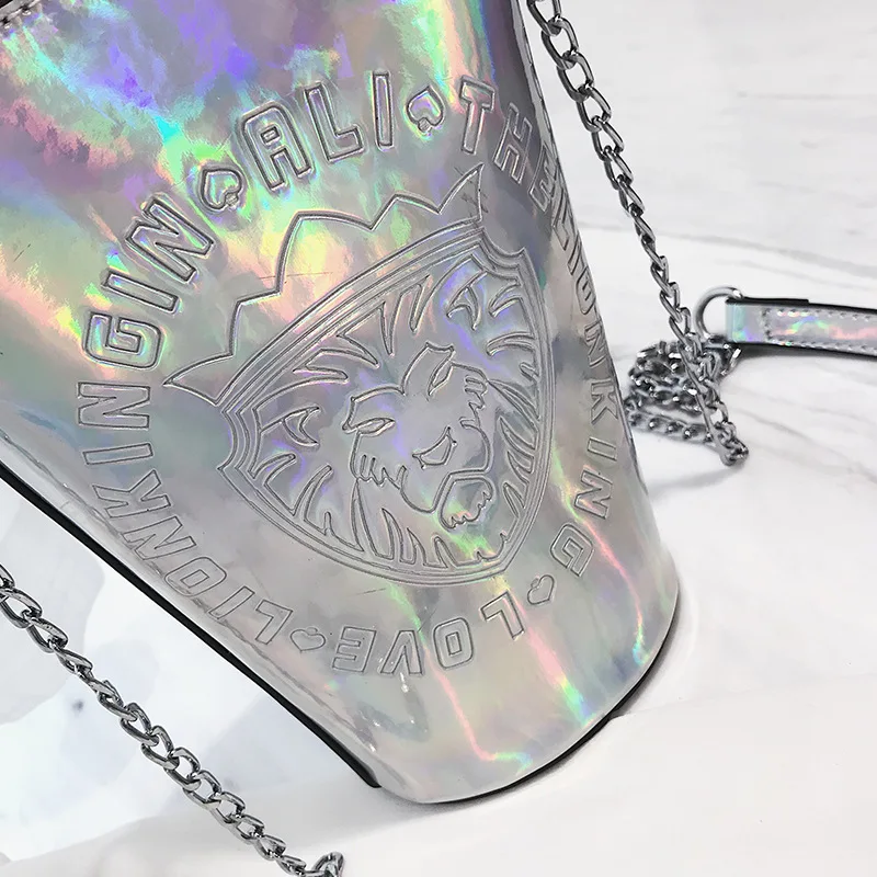 

2018 New Style Fashion Korean-style Laser Bright Surface Bucket Bag Lettered Embossed Shoulder Oblique Chain WOMEN'S Bag