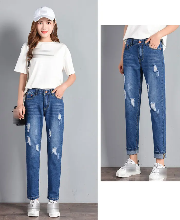 Ripped Hole Jeans For Women Female Autumn Winter Nine Pants New High Waist Slim Casual Ankle Length Zipper Fly Pencil Trousers