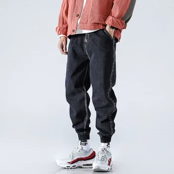 

Moda masculina casual jeans solto denim harem pant lado listra masculino jean calças streetwear hip hop calça moletom