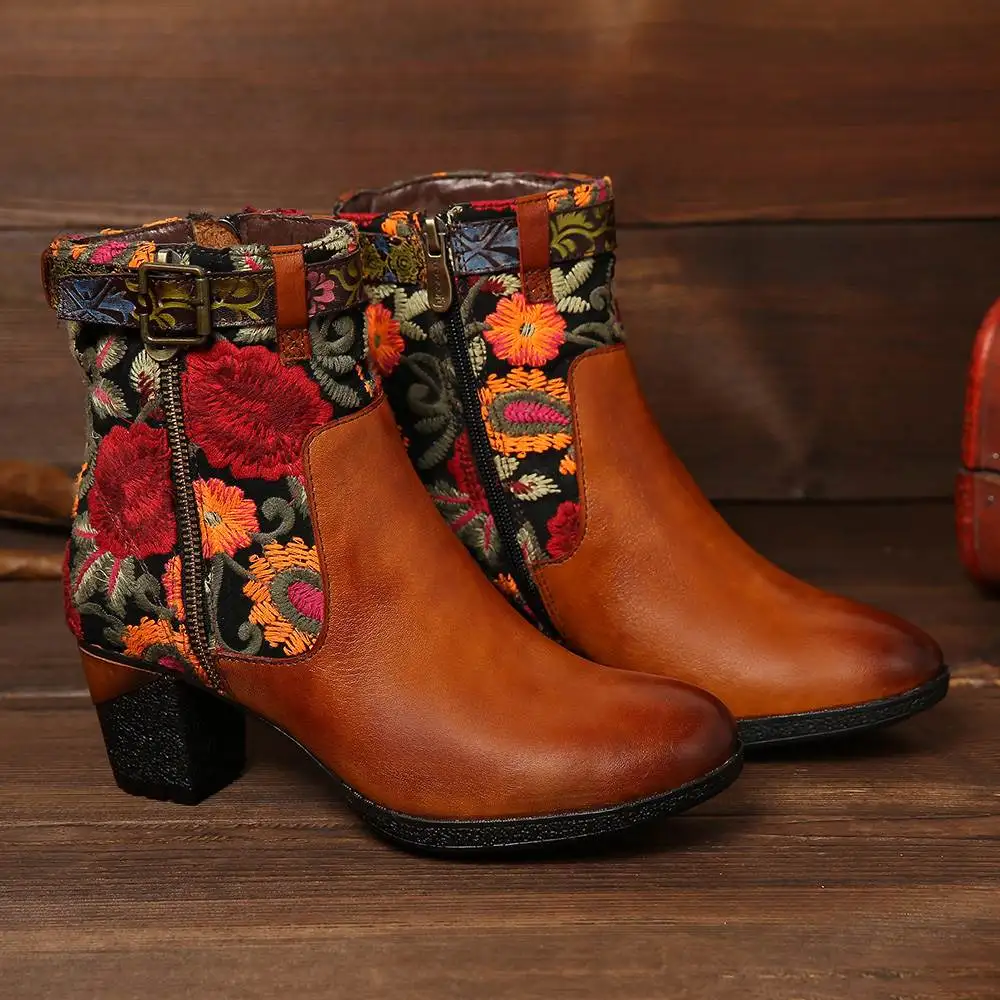 SOCOFY/ботинки с вышивкой в стиле ретро; удобные ботинки из натуральной кожи на молнии с узором; женские ботинки на высоком каблуке; Botines Mujer;
