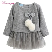 Girls Dress Autumn Long Sleeve Patchwork Plush Ball Bow Tulle Dresses Kids Clothes