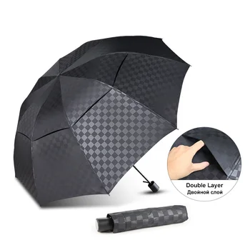 

Double Layer Big Umbrella Rain Women Men 3Folding 10Ribs Dark Grid Business Umbrella Strong Windproof Family Travel Sun Parasol