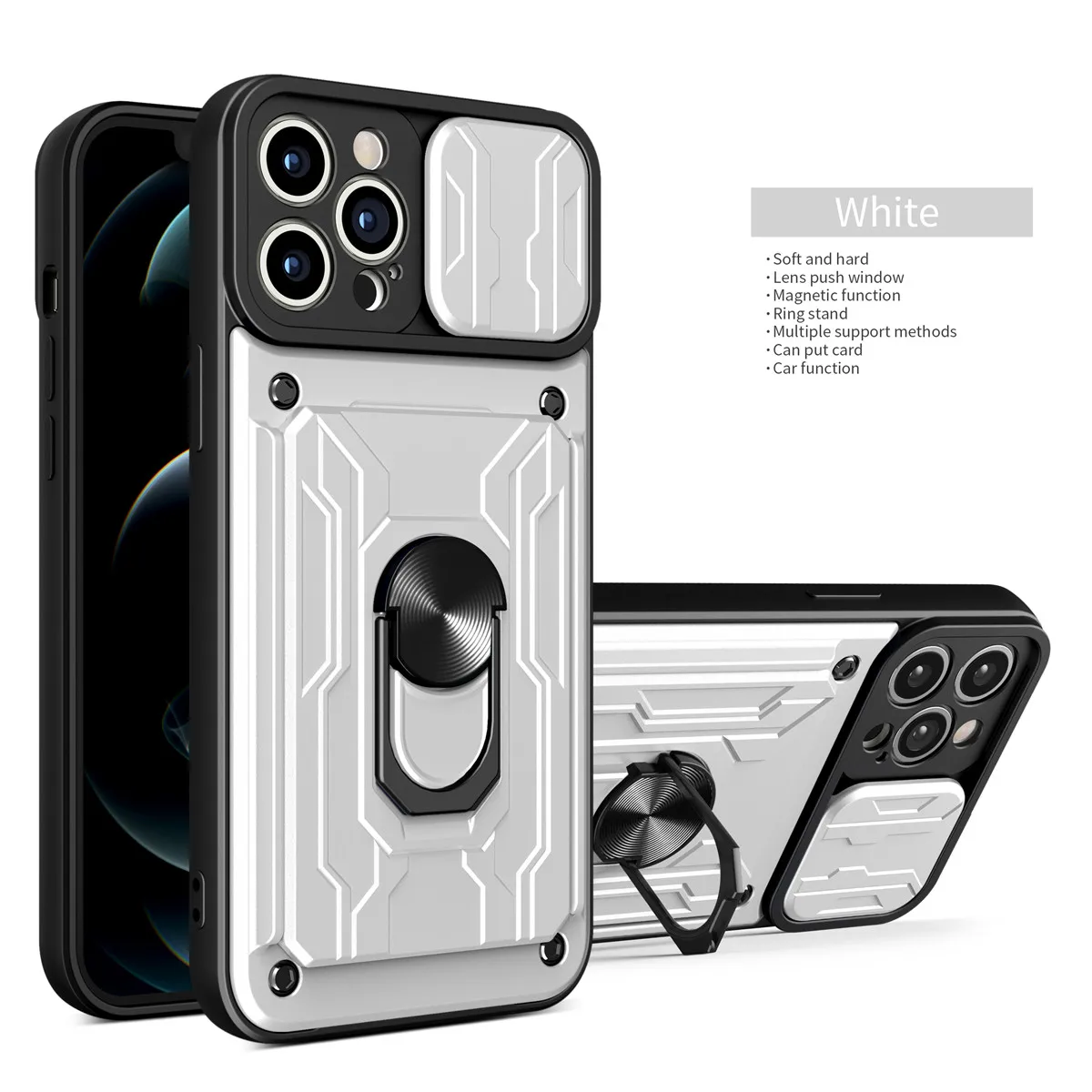 Sleek Lens Protective Case with Hidden Slide Card Slot and Magnetic Ring