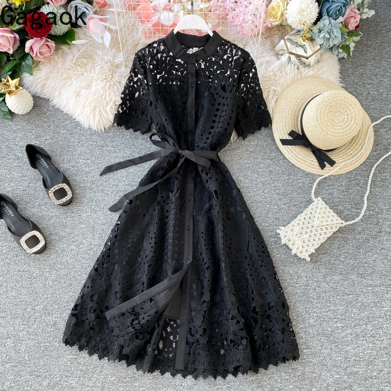

Gagaok Women Sweet Lace Dress Spring Autumn New Solid O-neck Hollow Out Short Knee-Length Slim Chic Wild Female Fashion Dresses