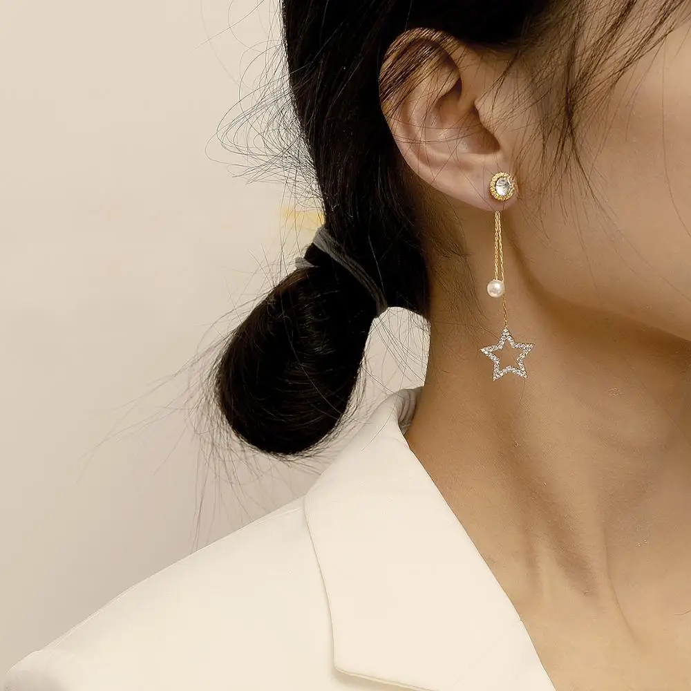

Korean Style Shiny Zircon Long Tassel Star Earrings for Women Temperament Elegant Wedding Jewelry CZ Crystal Dangle Earrings