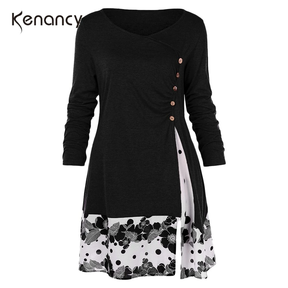 

Kenancy Floral Print Women Causal Shirts Autumn Round Collar Long Sleeves Female Tops Plus Size Pleated Button Femme Long Tunic