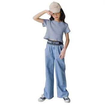 

YourSeason Girls Summer Autumn Fashion Kids Girls Stripe TShirt O Neck And Wide Leg Jeans Casual Teenage Girl Two Piece Set