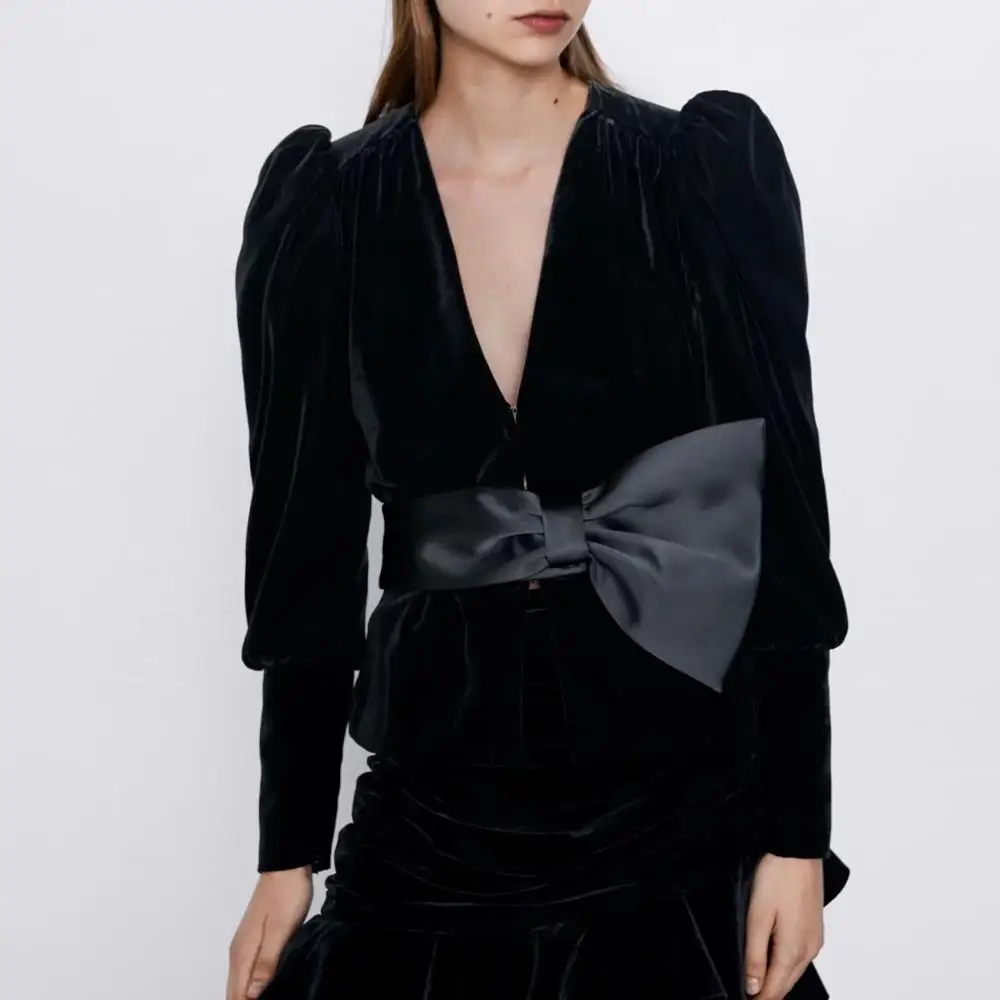 wonderful  za woman autumn winter puff sleeve bowknot v-neck Velvet coat casual fashion jacket female Cardigan