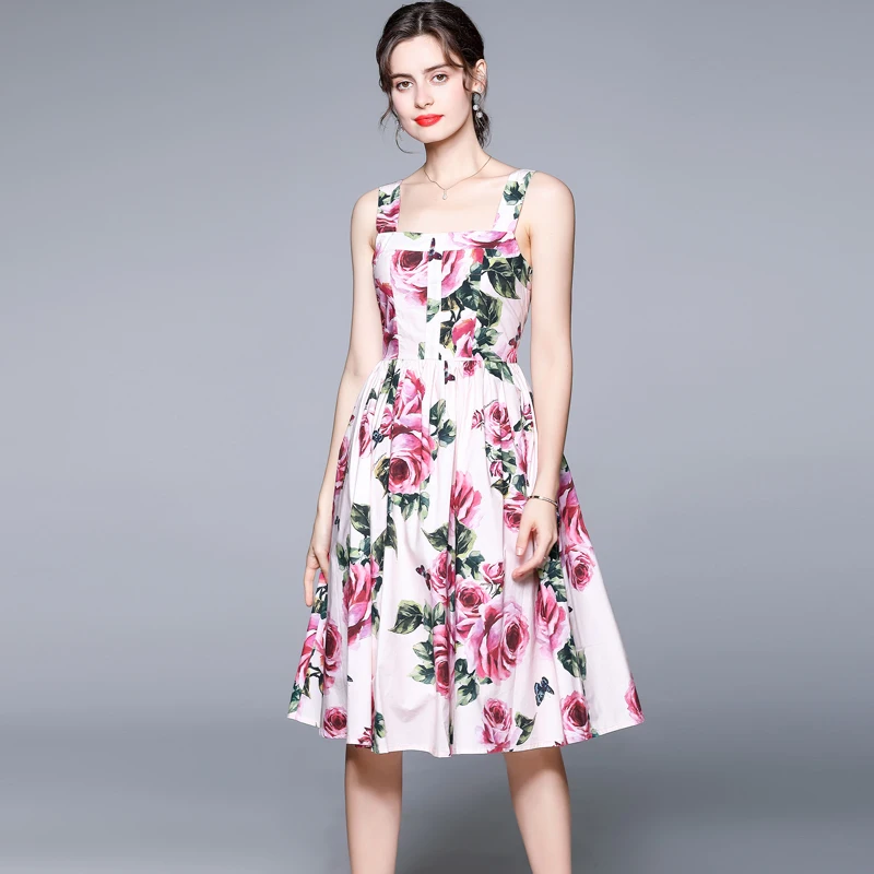 Banulin Designer Women Dress High Quality 2021 Summer Runway Fashion Spaghetti Strap Backless Flower Print Boho Short Dress