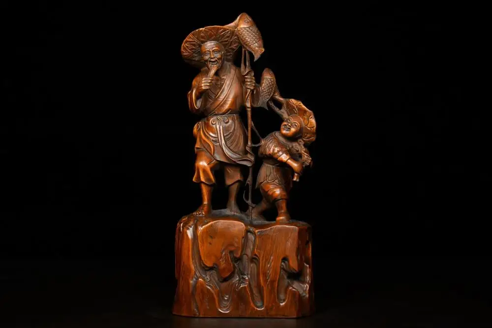 

8" Chinese Boxwood Wood Carving Happy Laughing Fisher Fisherman piscatory Statue
