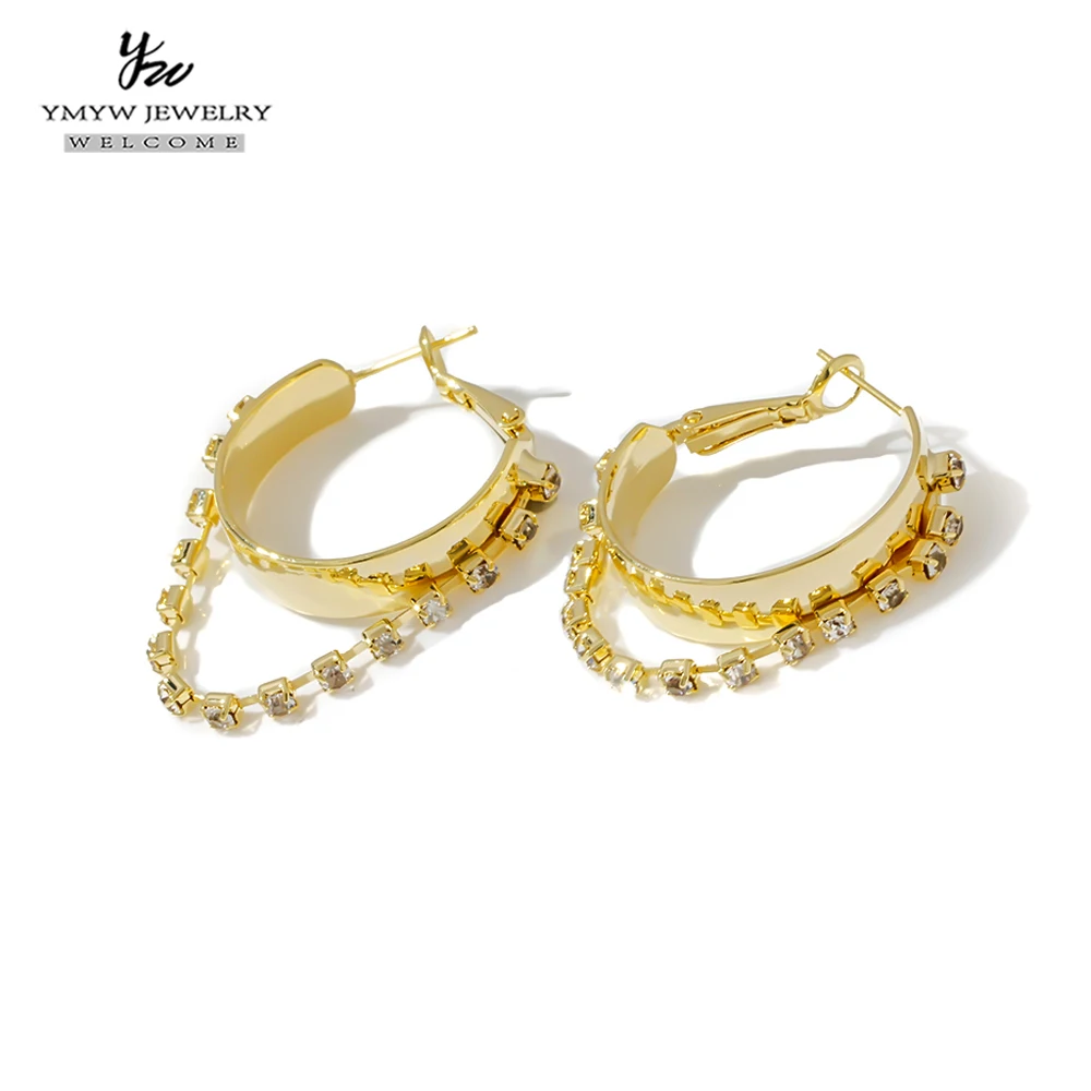 YMYW Fashion Round Golden Hoop Earrings Personalized Chain Rhinestone Copper Ear Ring Women Girls Anniversary Gift бижутерия New |
