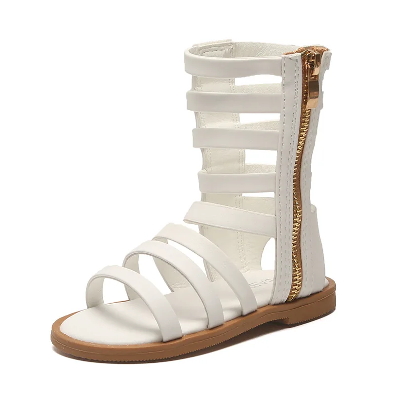 white Летние римские сандалии-гладиаторы для девочек детская обувь с вырезами крутые Нескользящие ботинки на молнии для маленьких детей размер 21-37 - Цвет: white