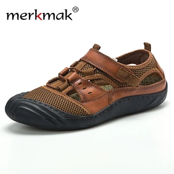 

Merkmak 2020 Male Sandals Mesh Leather Mens Beach Outdoor Sandals Hombre Sandles Non-slip Hole Shoes Summer Soft Footwear New