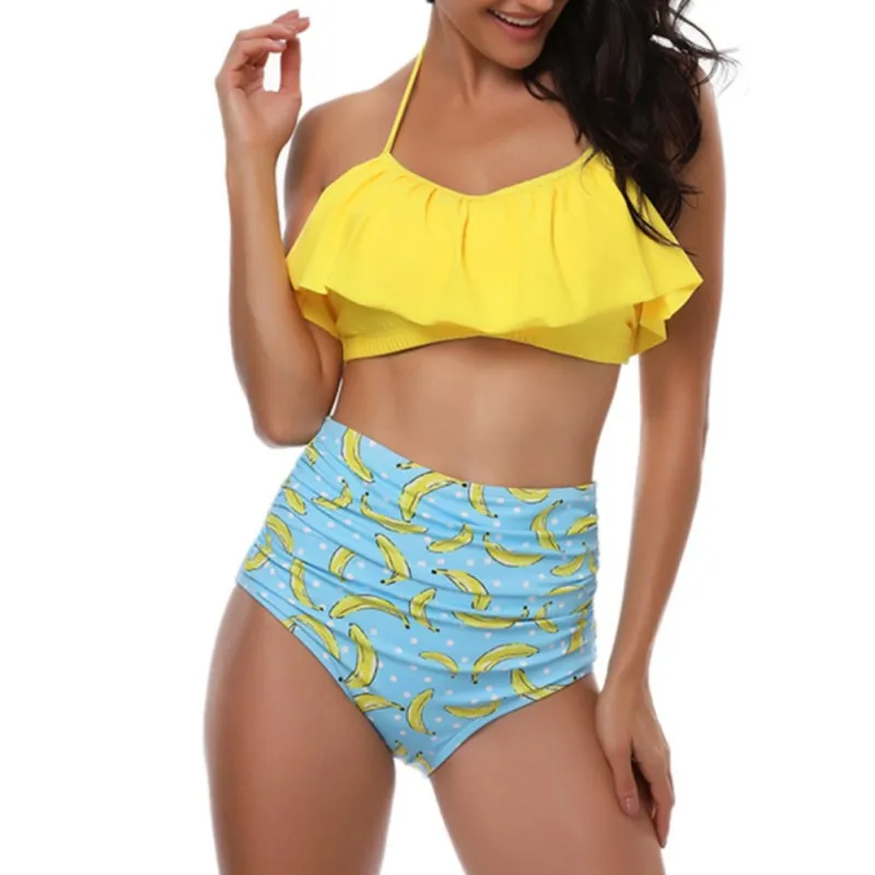 

2019 Summer Women Ruffles Swimwear Two-Piece Suits Halter Bikini Tops & Print High Waist Bottom Women Swimsuit