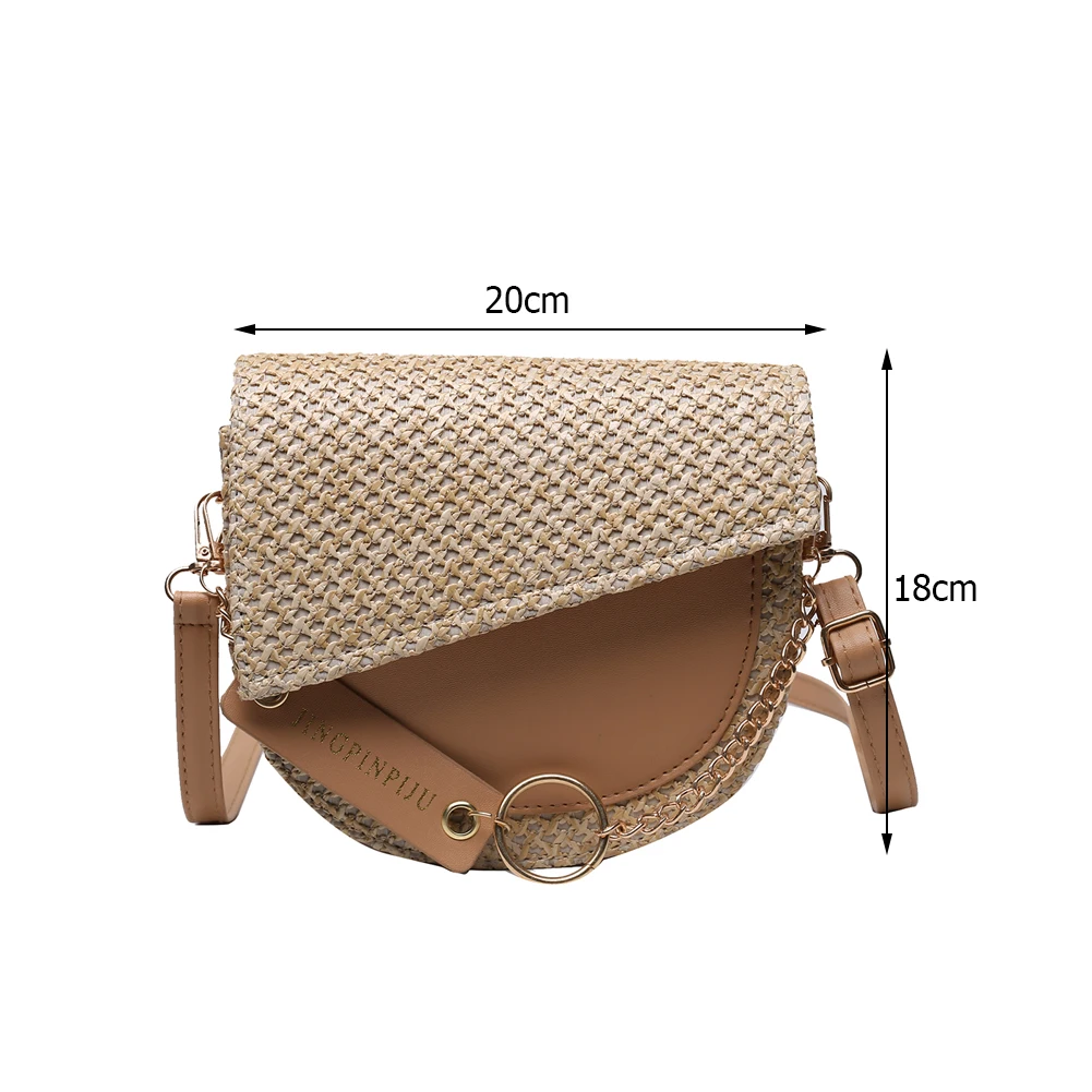 Bolso de paja para mujer, bolsa de cuero Pu + suave tejido de retales, bandolera femenina con cadena de media luna, 2021 - Imagen 6