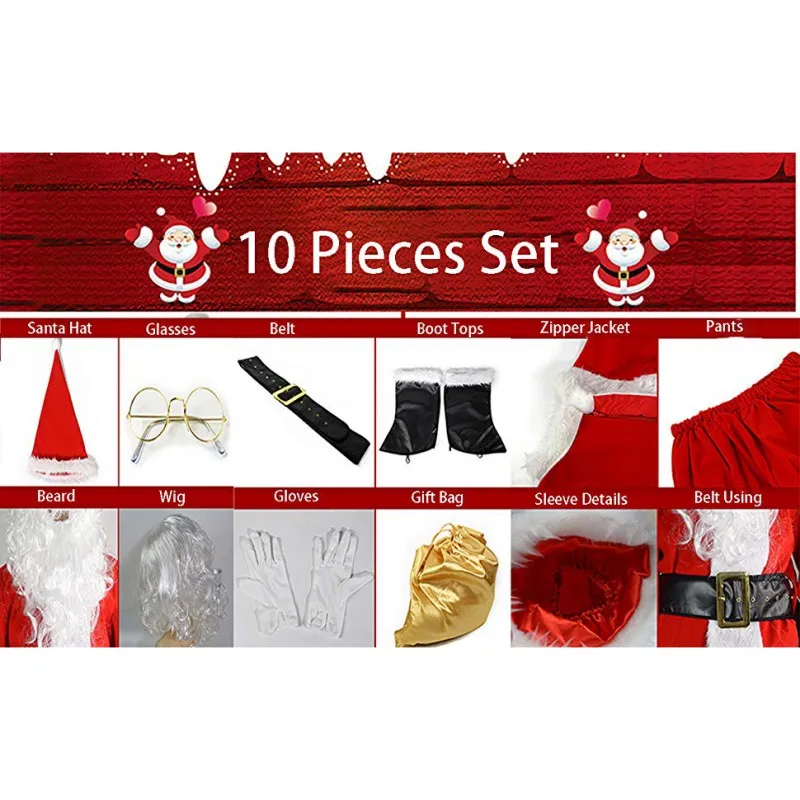 10 Pcs/Set Christmas Costume Adult Men Velvet Leather Santa Claus Clothes Set Tops Coats Pants Cap Glove Belt Shoe Gift Bag Y