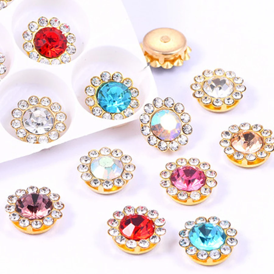 

12mm Mixed Color Sew On Rhinestone Crystal Flatback Rhinestone Gold Base with Setting Claw DIY Garments Clothing Dress