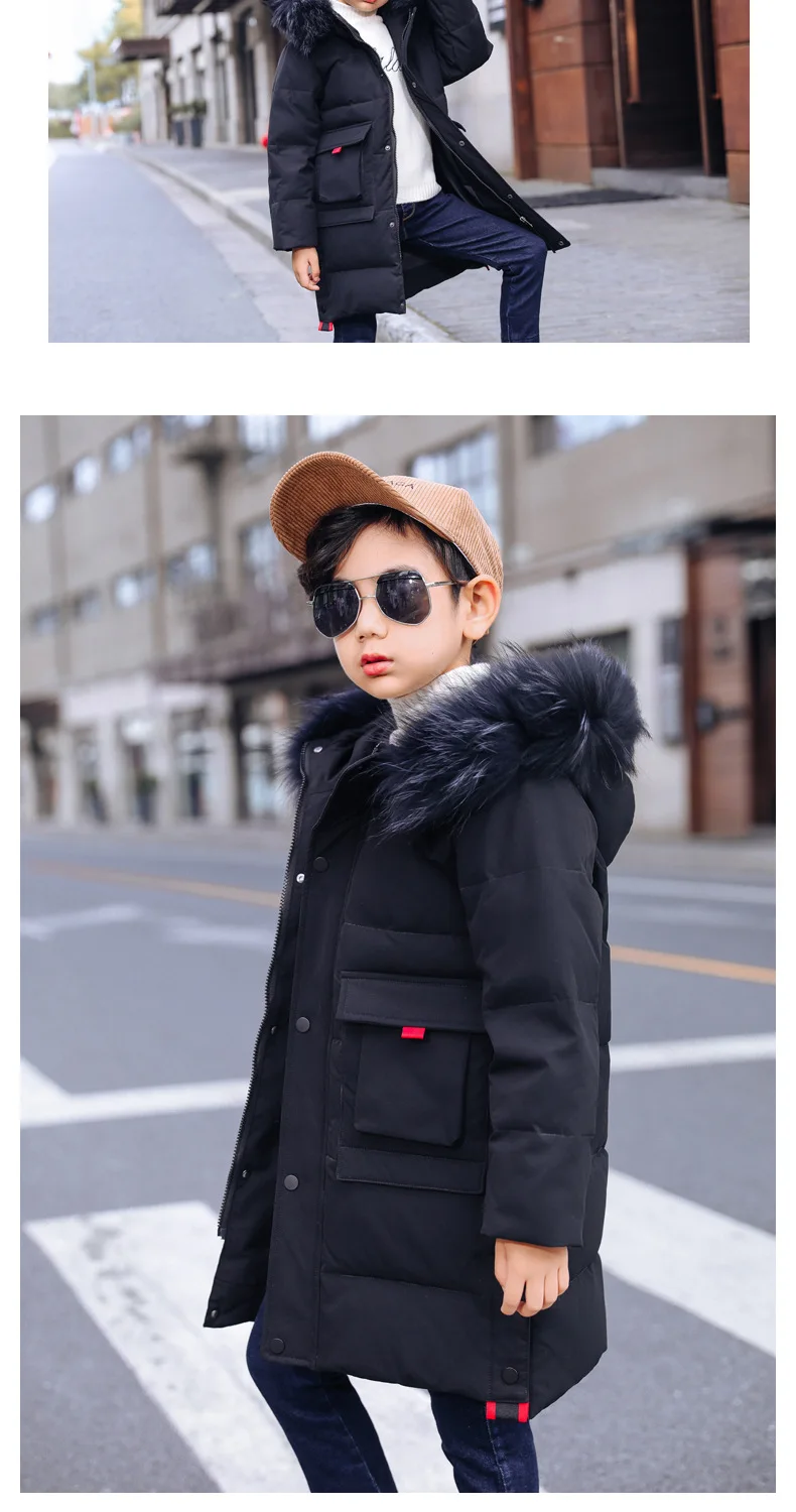 Детская зимняя куртка для мальчиков и девочек-30 градусов с капюшоном теплое пальто на утином пуху одежда подростка детская парка с мехом От 4 до 13 лет зимняя одежда