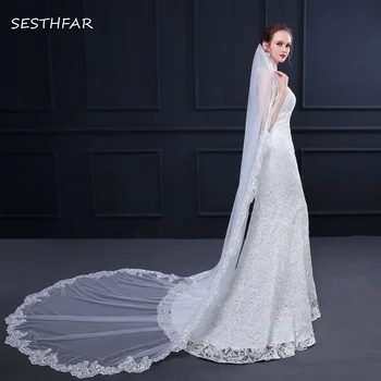 

3M Exquisite Lace Edge Long Bridal Veils Crystal Cathedral Wedding Veil with Comb For bride
