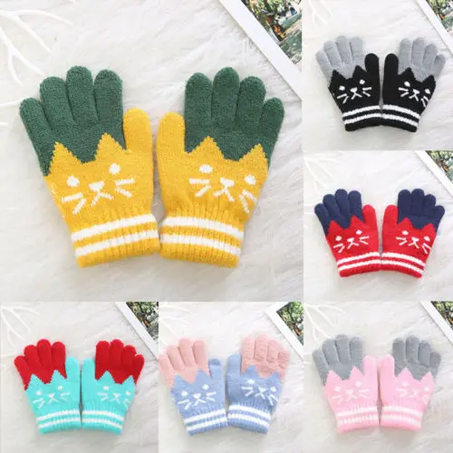 4-8Y New Child Kids Baby Girls Boys Winter Knitted Gloves Cartoon Warm Mittens Toddlers Outdoor Cartoon Cats Cute Gloves