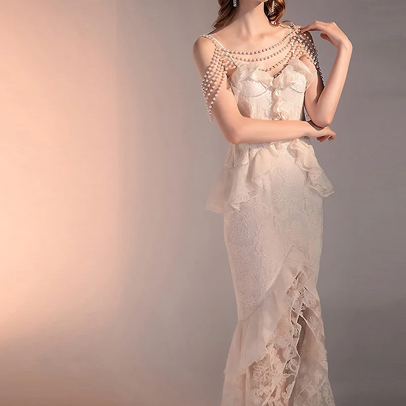 

Luxurious Flower Embroidery Lace Dress Summer Women Fashion Celebrity Beading Pearls Shawl Peplum Layers Ruffles Party Dresses