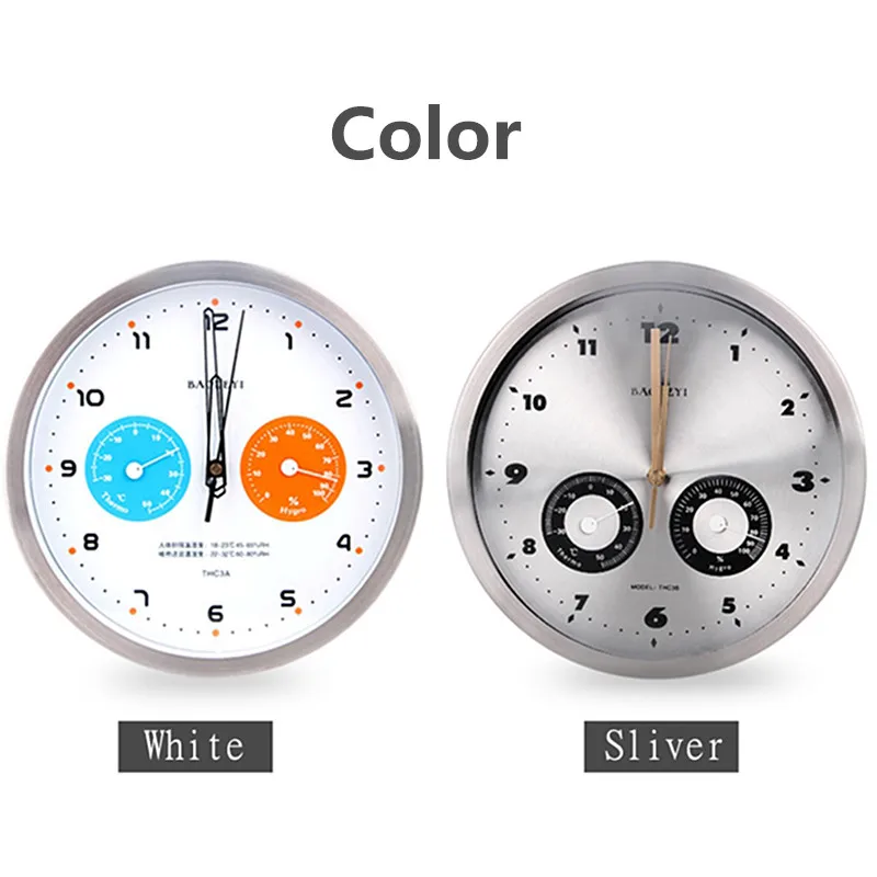 Silent Metal Wall Clock with Thermometer and Hygrometer